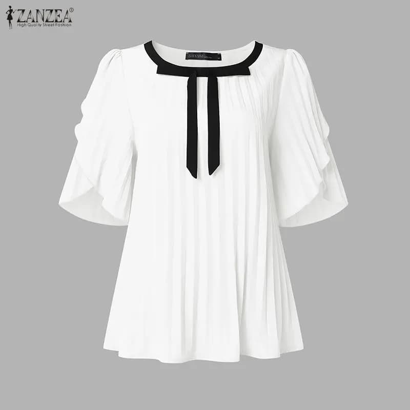 2026 ZANZEA Elegant Women Short Petal Sleeve Work Blouse Summer Tops Stylish Pleated Shirt Casual Patchwork Holiday Tunic Mujer