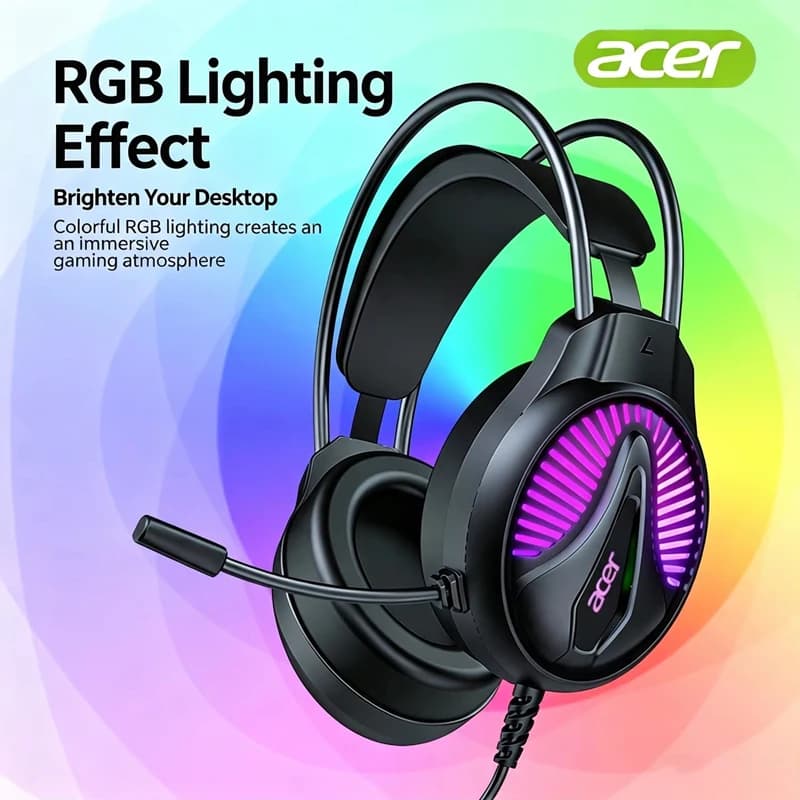 Acer Wired Gaming Headset with Mic USB Gaming Headphone 7.1 Stereo Virtual Surround RGB Corded Headphones for Game/Work/Music