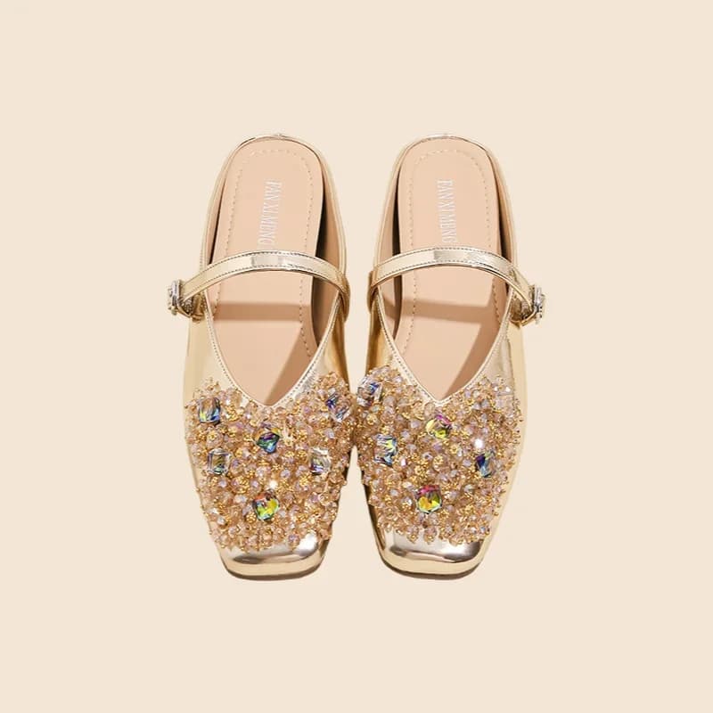 Summer Square Rhinestone Buckle Microfiber Upper Lightweight Comfort Slip-On Design Sheepskin Lining Closed Toe Half Slippers