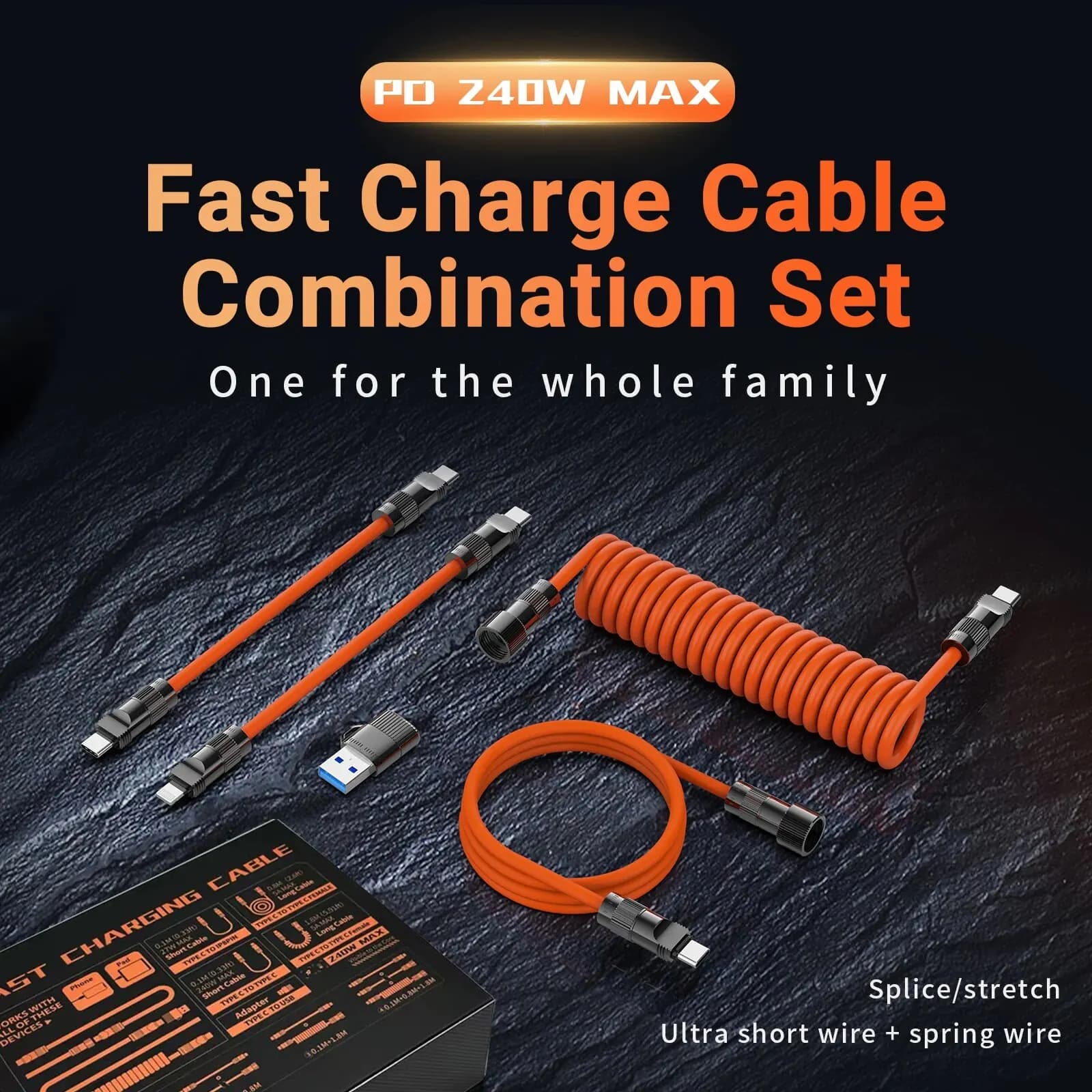 Set di cavi di ricarica rapida PD da 240 W con adattatore USB A + cavo da C a LT + prolunga da C a C/cavo a molla per laptop iPhone iPad Switch
