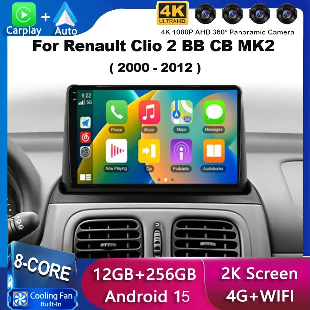 Autoradio Android 15 con Navigazione per Renault Clio 2 BB CB MK2 2000-2012, Schermo QLED 2K, Carplay, Stereo Auto, GPS, Video, DSP, 4G WIFI