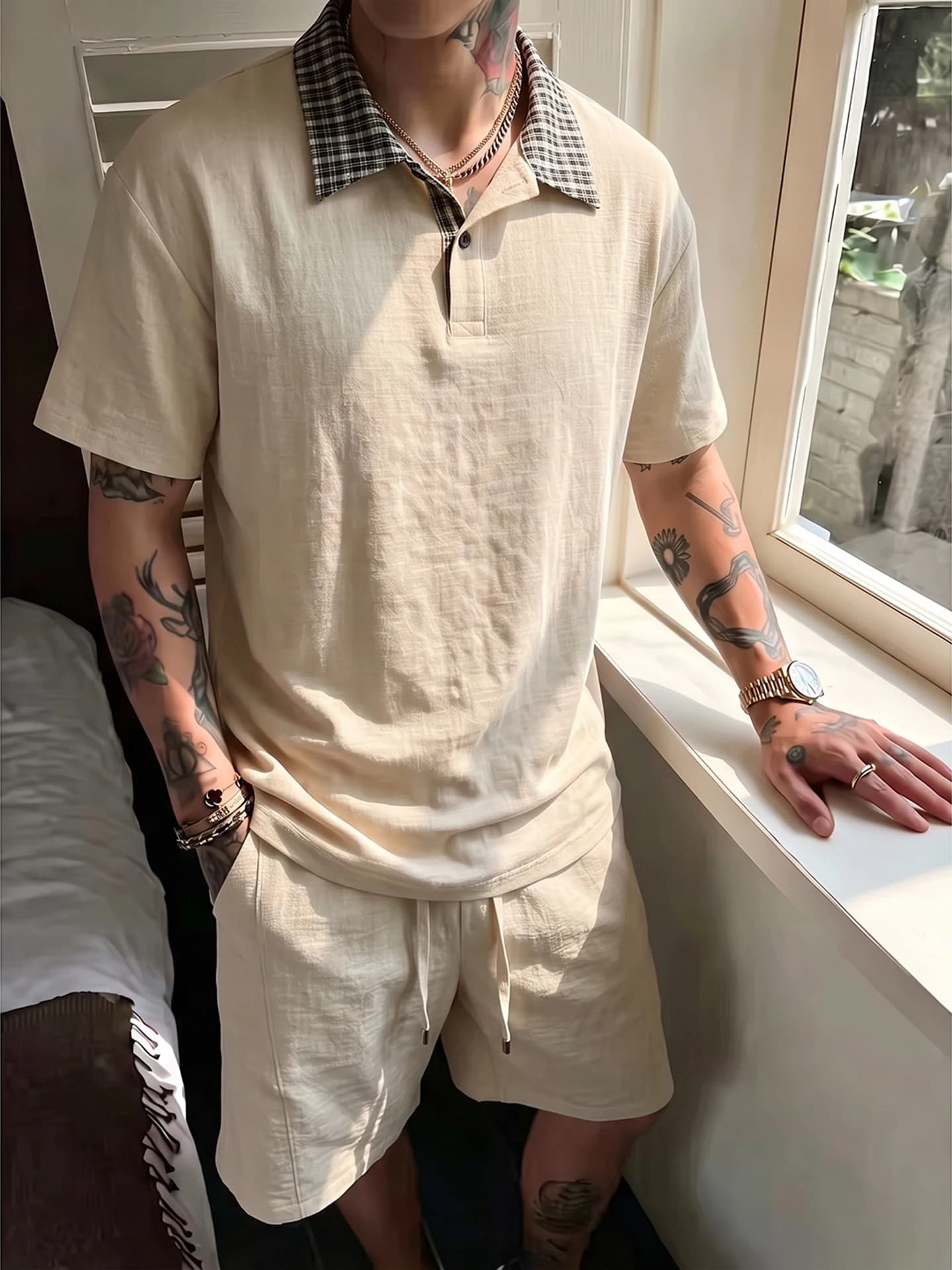 Summer Men's Linen Shirt And Shorts Set with Collar Flip T-Shirt And Patchwork Design High-End Feelings Fashionable Kit