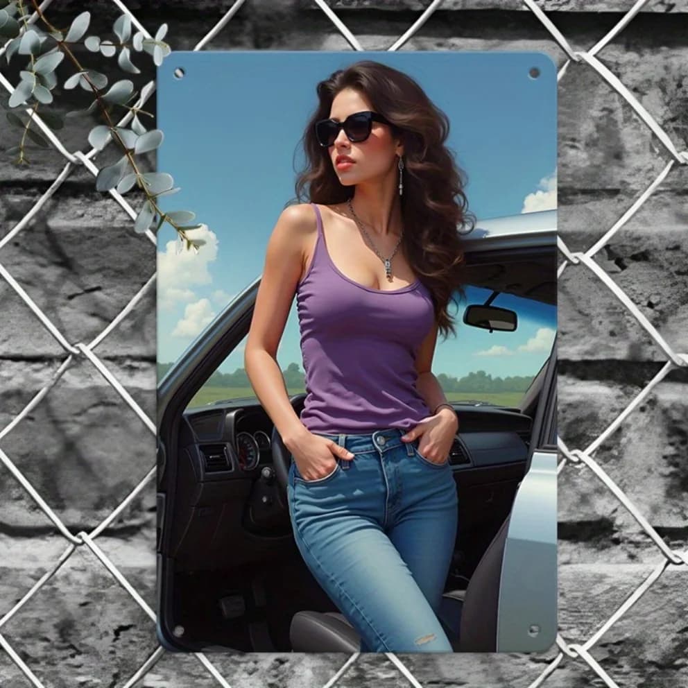 HD Metal Wall Art Gorgeous Brunette Woman with Long Wavy Hair in Sexy Purple Spaghetti Strap Tank Top and Blue Skinny Jeans Lean