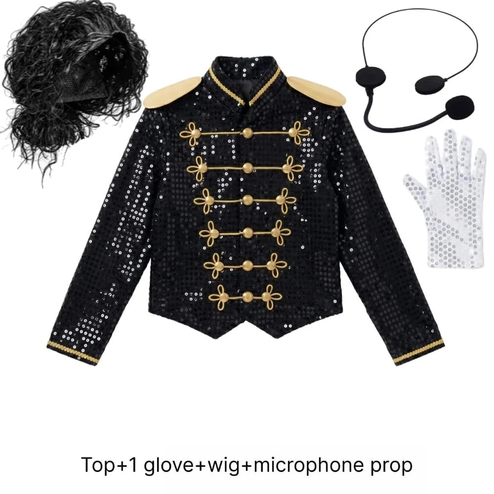 70s 80s Pop Stage Super Star Singer Dancer Cosplay Costumes New Arrival Boys Halloween Cosplay Suits with Wig Prop Black Jacket