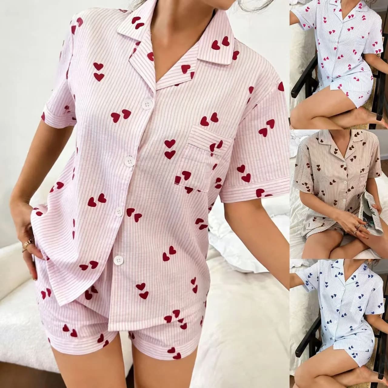 Nuovo completo con top a maniche corte con colletto a revers e pantaloncini a righe con cuori, abbigliamento per la casa, gamba dritta, comodo per la primavera