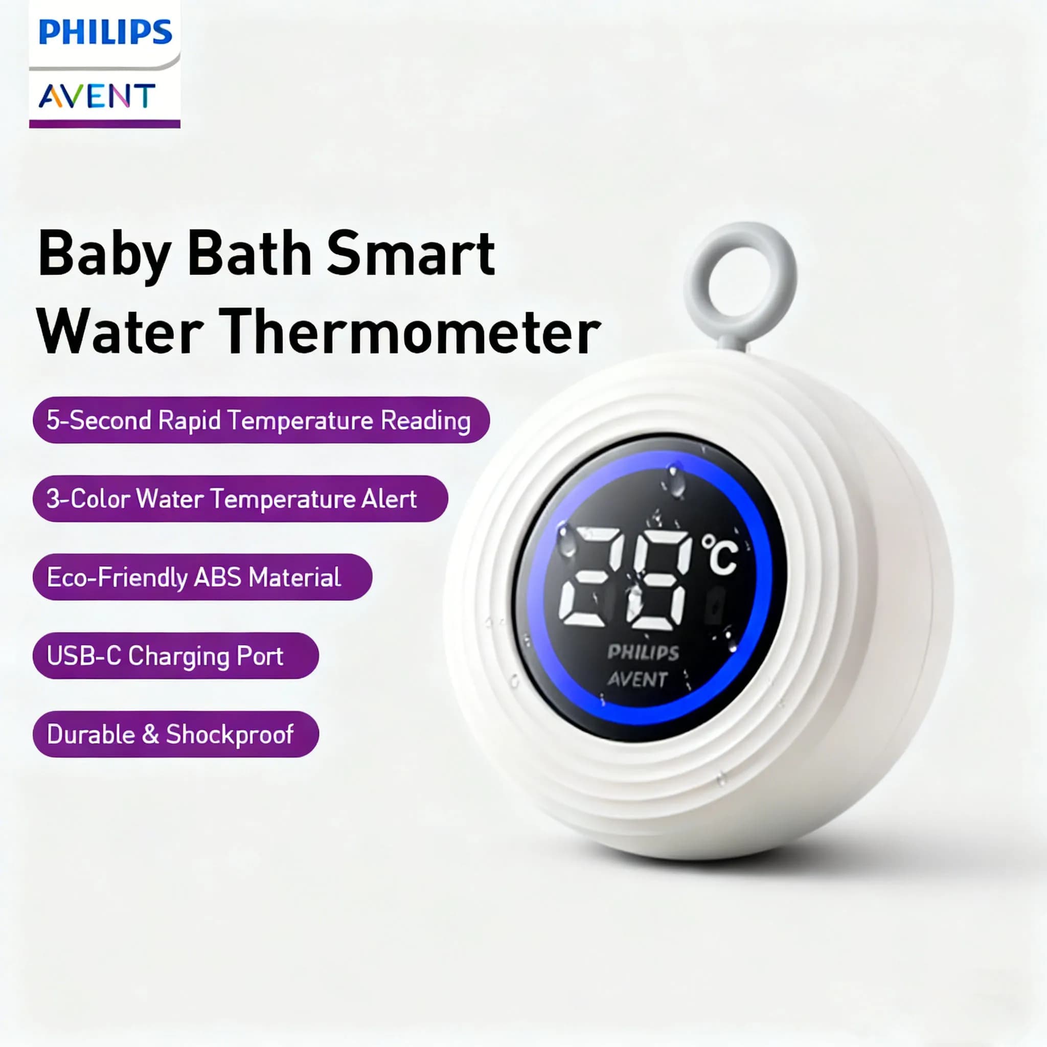 Avent Termometro da bagno Per bambini Vasca da bagno per bambini Indicatore di temperatura dell'acqua Display a LED Rilevatore di temperatura di sicurezza per bambini