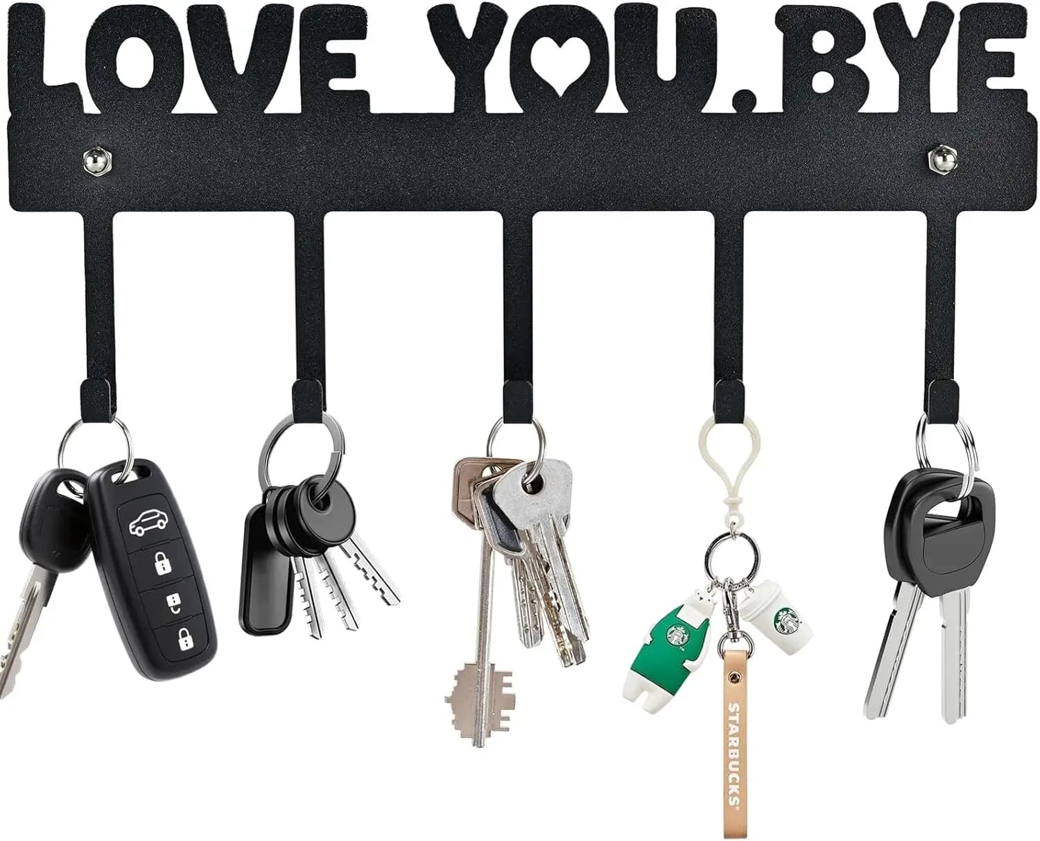 Portachiavi da parete – Organizzatore per ingresso 'Love You.Bye' con 5 ganci, in metallo nero, senza foratura, adesivo o viti, 10x4 pollici