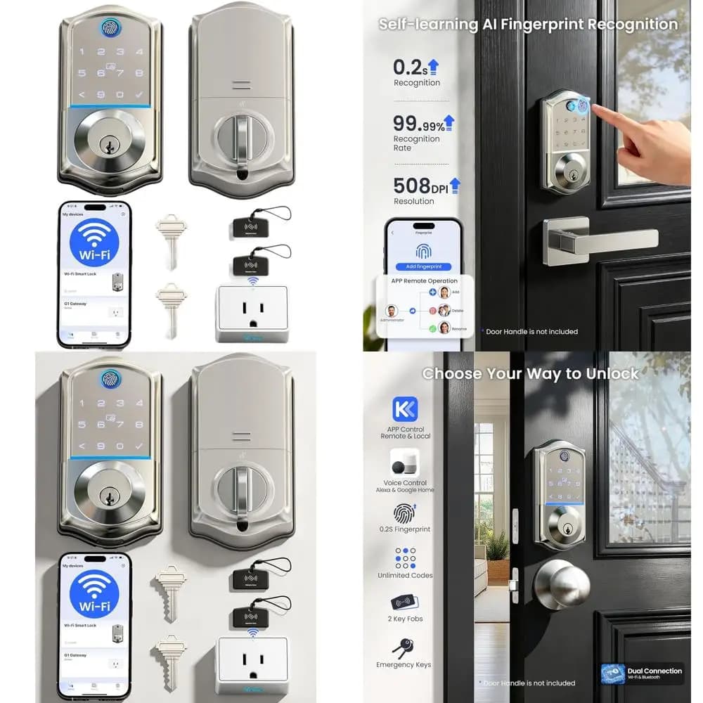 Serratura Intelligente Wi-Fi per Porta con Ingresso Senza Chiave, Impronta Digitale e Touchscreen, Chiusura Automatica e Porta di Alimentazione di Emergenza, Nichel Satinato