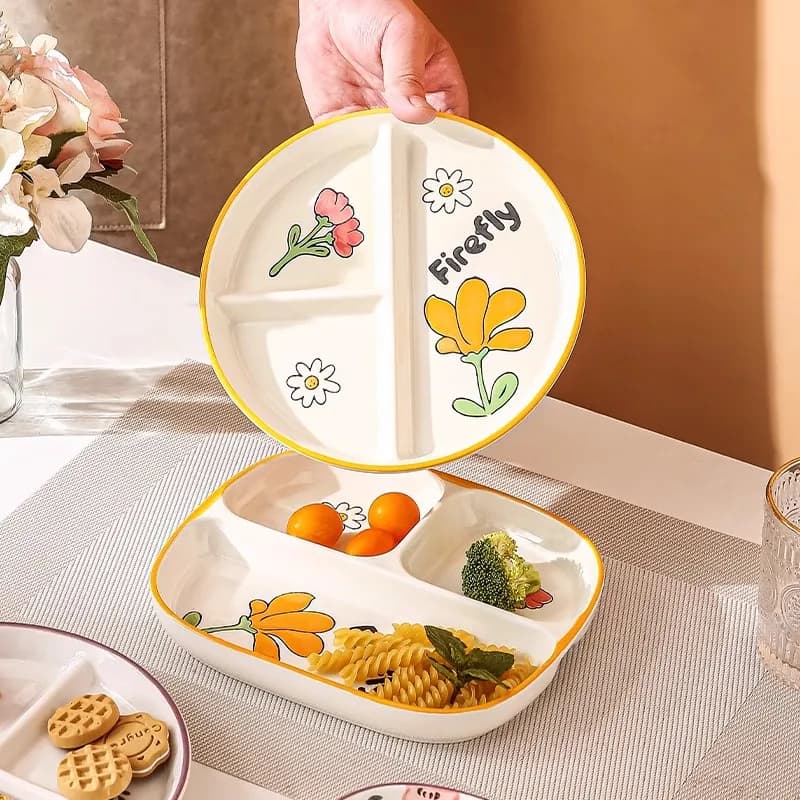 Ceramic plate for portion control Divided plate for dessert snack Sauteur dish for balanced meal Tray for food separator appetizers