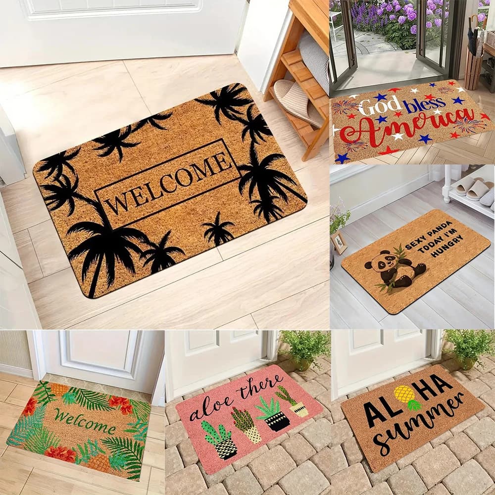 Tappetino per porta in stile tropicale con motivi floreali di palma, cactus, ananas, morbido tappeto decorativo per ingresso per interni ed esterni