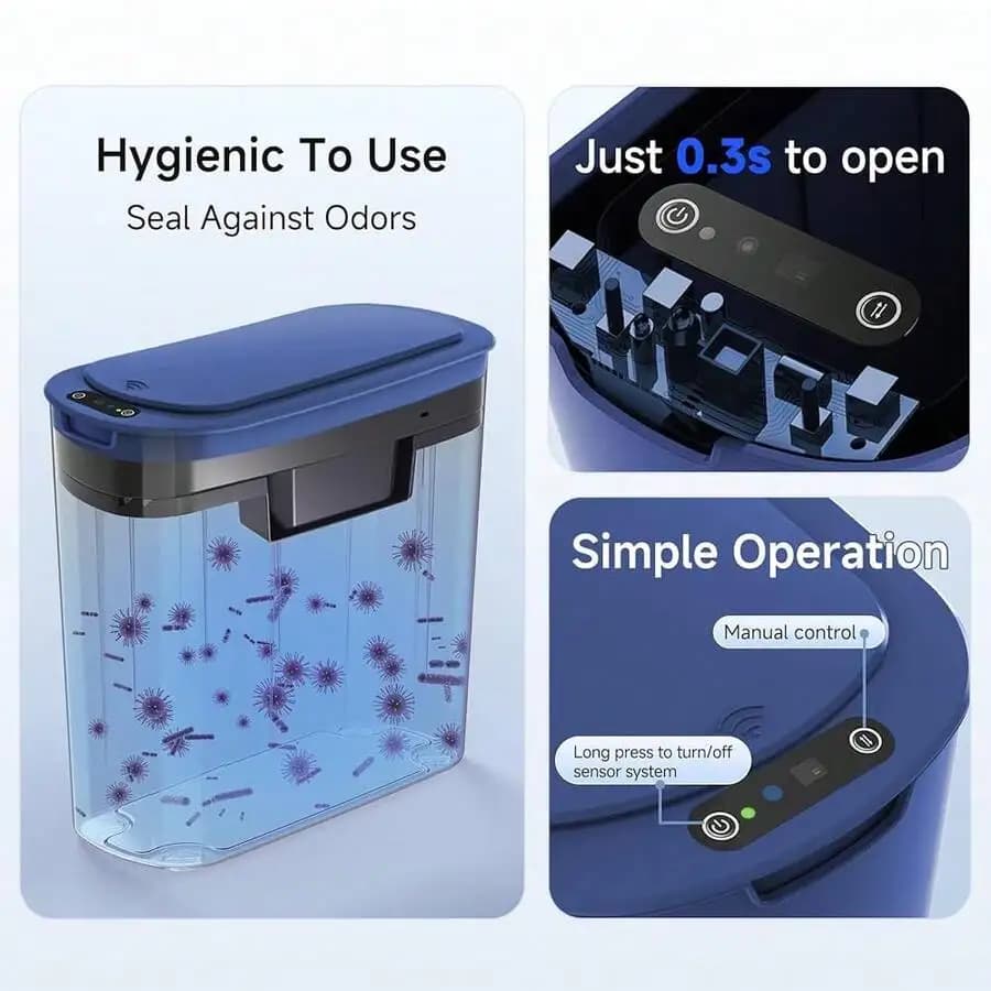 Automatic Motion Sensor Bathroom Trash Can 2.6 Gallon Touchless Smart Garbage Bin Plastic Slim Wastebasket Blue