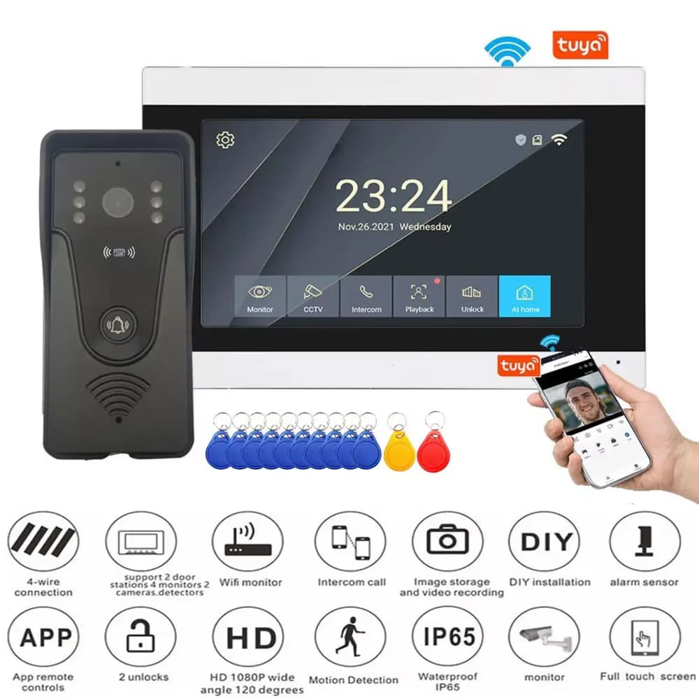 Tuya 1080P Touch Screen a colori da 7 pollici Videocitofono WiFi wireless Campanello Smart APP Kit citofono domestico per sistema di controllo accessi RFID