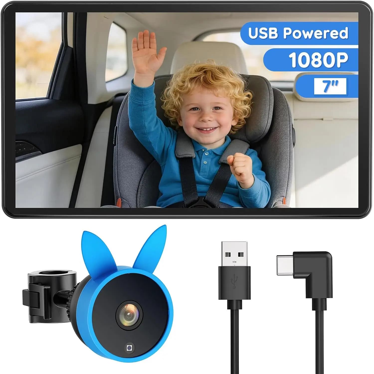 Monitor per Auto da 7 Pollici IPS 1080P con Visione Notturna IR Automatica, USB Plug & Play per Bambini e Animali Domestici, Essenziale per i Viaggi