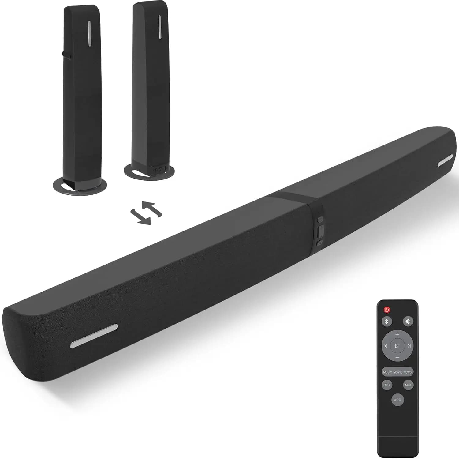 90W Soundbar for TV, Bluetooth/ARC/Optical/AUX, Auto Volume Boost, 3 EQ Modes, Detachable Design