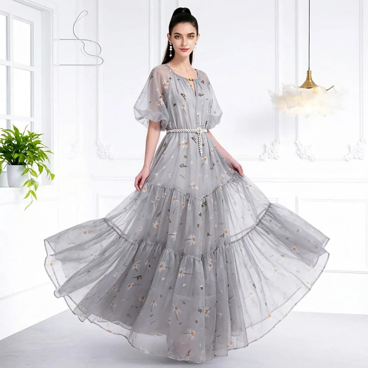 Elegant Gentle Floral Print Chiffon Maxi Dress Women's Holiday Beach Photography Beautiful Fairy Waist Cinched Long Skirt