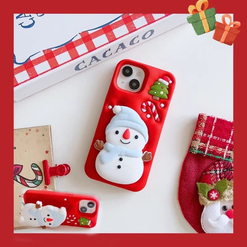 Per iPhone 17 Pro Max 16 Pro 15 14 13 Simpatico cartone animato 3D Natale Snow Man Apple Custodia con staffa telescopica Custodia morbida per telefono in silicone