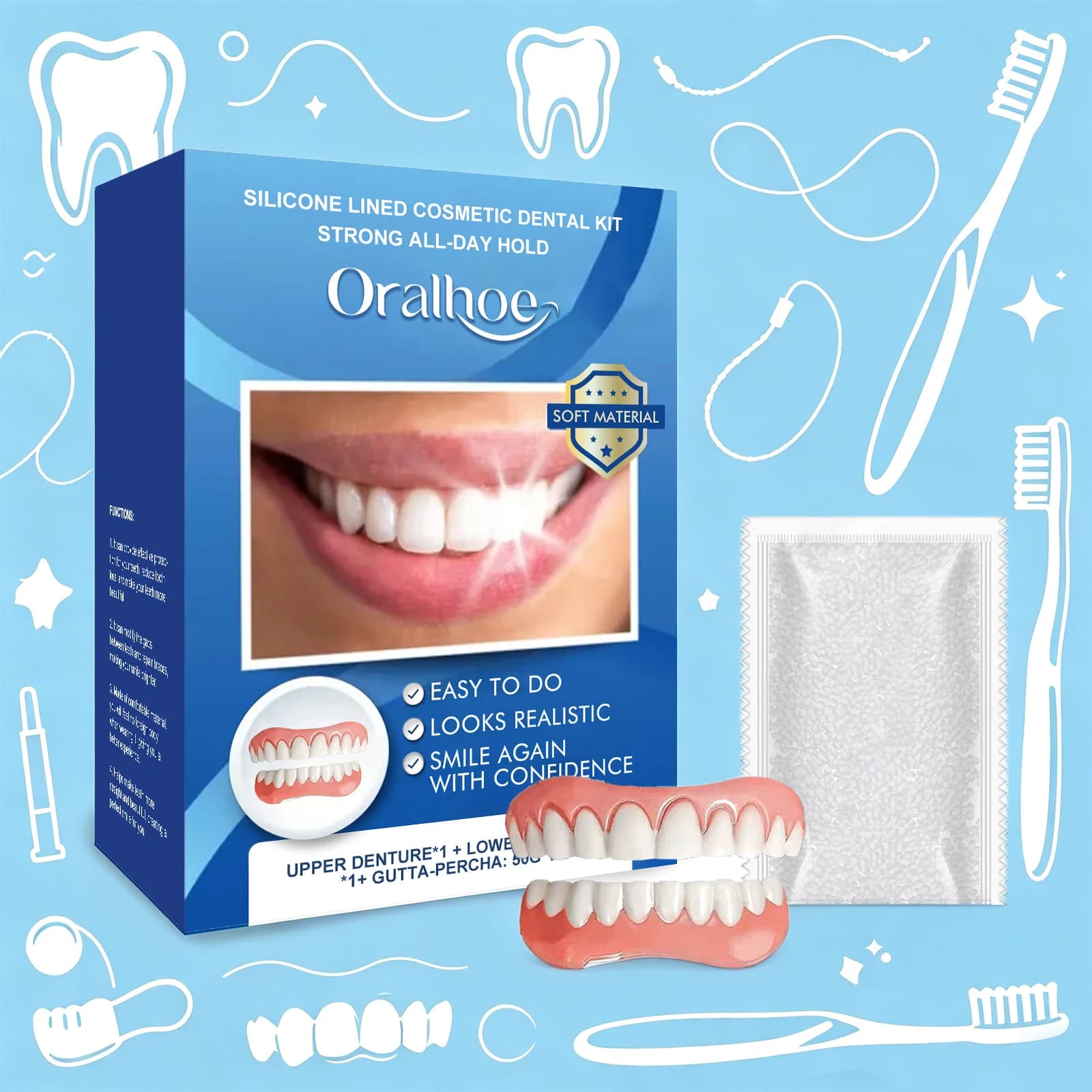 Kit Dentale Cosmetico con Rivestimento in Silicone, Denti Finti Superiori e Inferiori, Denti Finti per Igiene Orale, Tenuta Tutto il Giorno