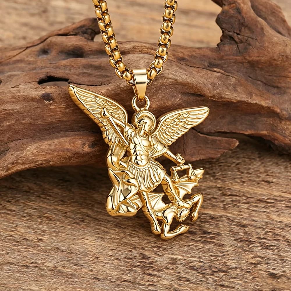 Saint Michael Archangel Pendant Necklace For Men Stainless Steel Religious Protection Amulet Vintage Jewelry Catholic Faith Gift