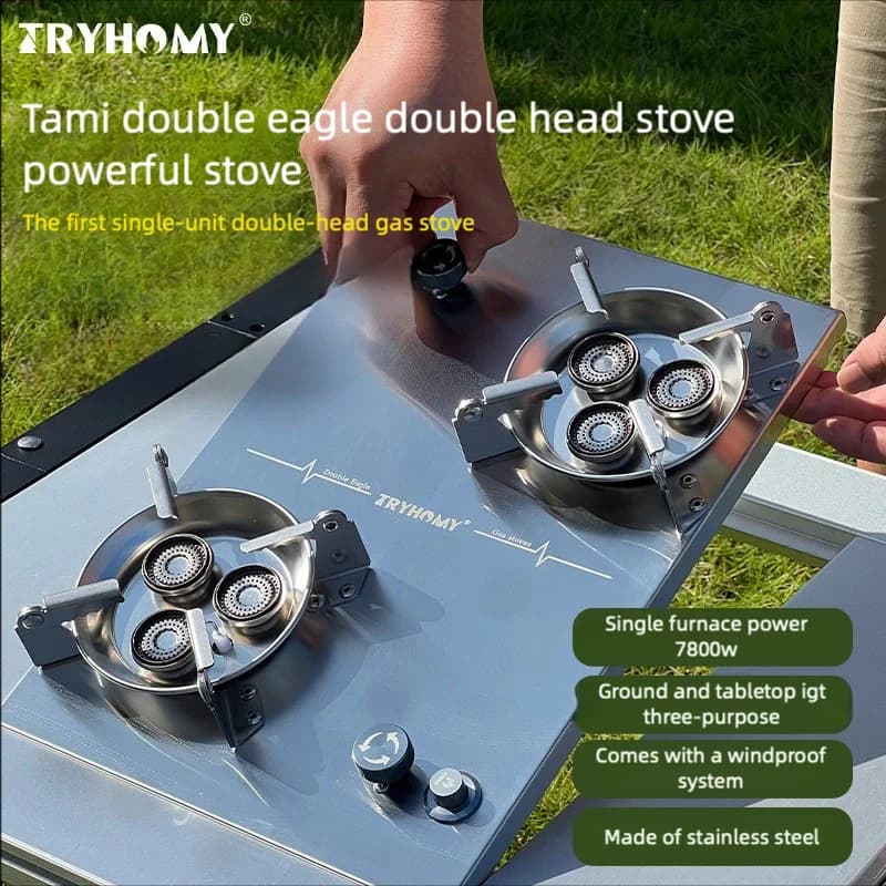 Tryhomy IGT Camping Raging Fire Stufa a doppia perla Stufa a gas pieghevole antivento Stufa a gas IGT Table One Unit Stufa a doppia testa