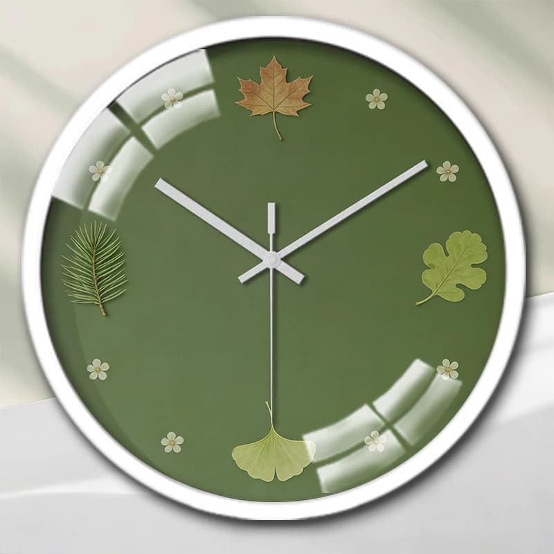Orologio da parete sospeso silenzioso rotondo con elemento naturale verde, adatto per soggiorno, scuola, sala studio, camera da letto, regali per bambini
