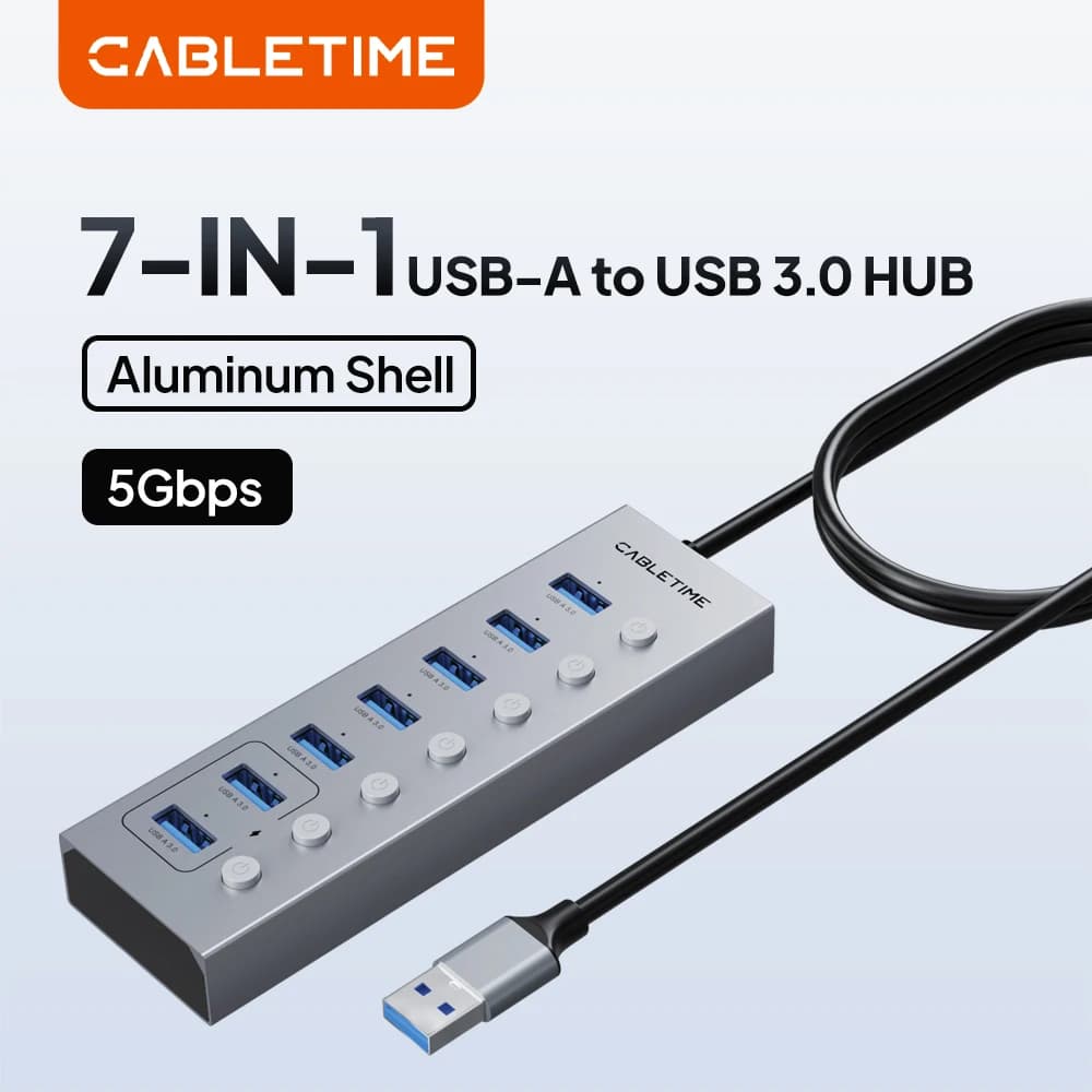 CABLETIME USB 3.0 HUB Dock station da 5 Gbps Splitter USB 3.0 a 7 porte con interruttore OFF/ON individuale per PC portatile Estensore porte USB