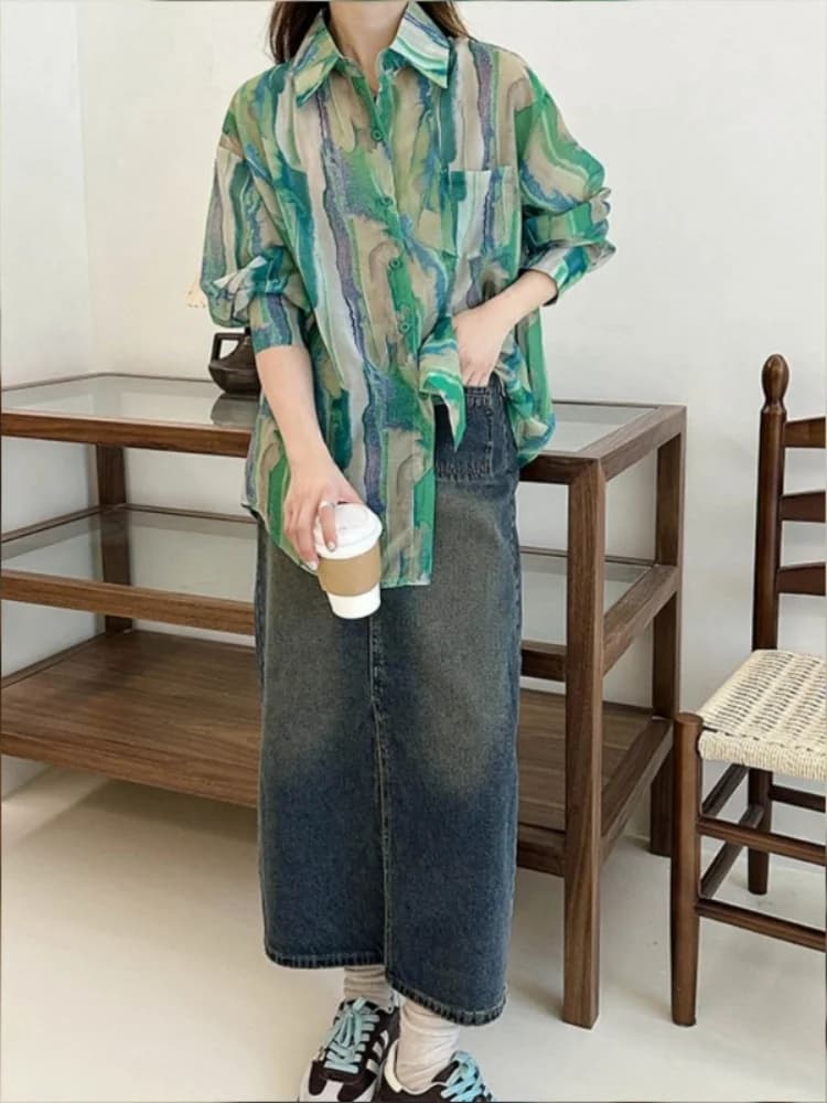 Giacca Camicia Verde Menta da Donna, Primavera-Estate, Protezione Solare, Manica Lunga, Stile Coreano per il Pendolarismo