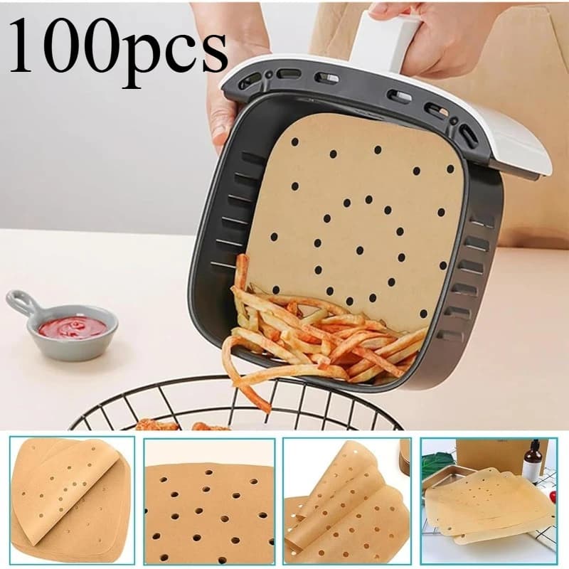 100pcs Air fryer non-stick paper liner - perforated and non-stick for the pan, round edges and corners, evenly heated