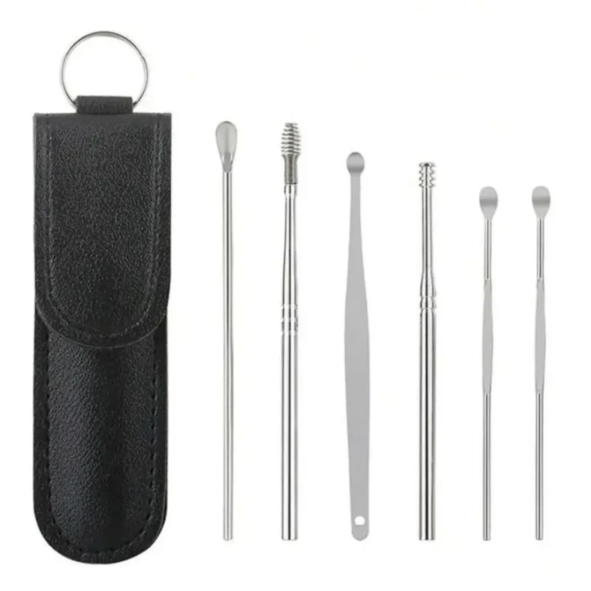 Set 6-in-1 in Acciaio Inossidabile per la Rimozione del Cerume, Pulitore a Spirale per Massaggio Auricolare, Mini Strumenti Portatili per la Cura delle Orecchie