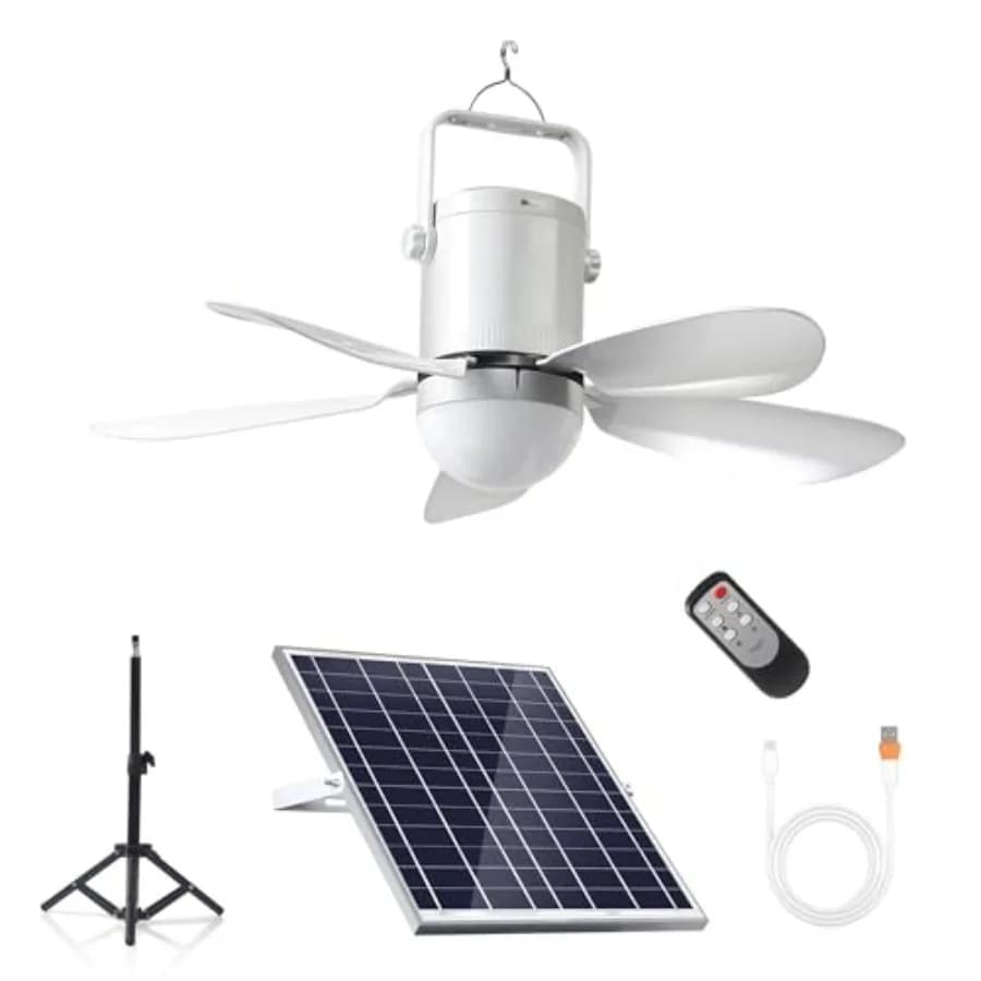 Ventilatore da Soffitto Solare con Luce, Batteria Ricaricabile 21600mAh, Pannello Solare 25W, Ventilatore DC Silenzioso Senza Spazzole, Telecomando RF, per Gazebo
