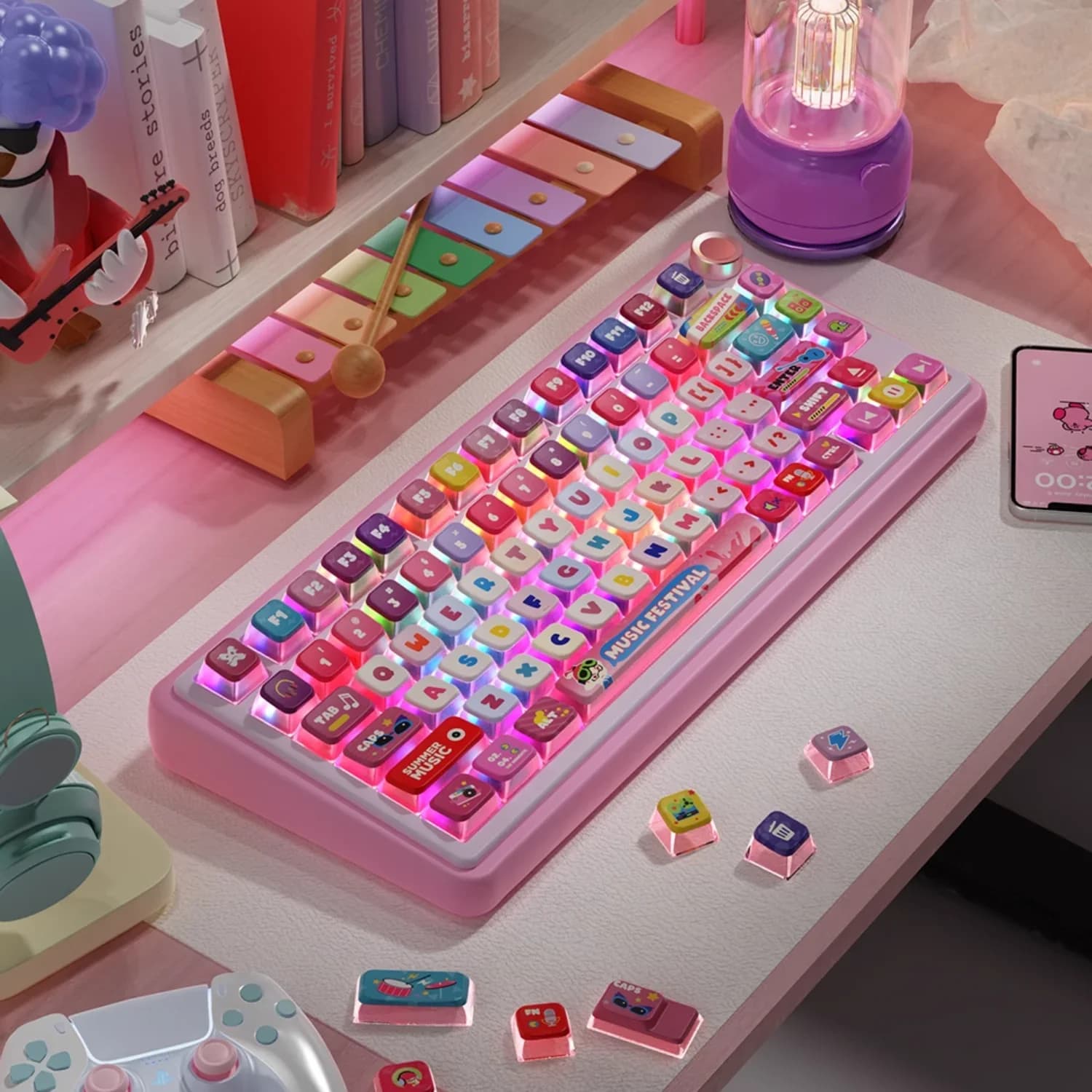 Cute ASA Translucent Keycaps PBT 122 Keys Pink Caller Atmosphere Theme Customized for 60/64/84/98/108 Mechanical Keyboards