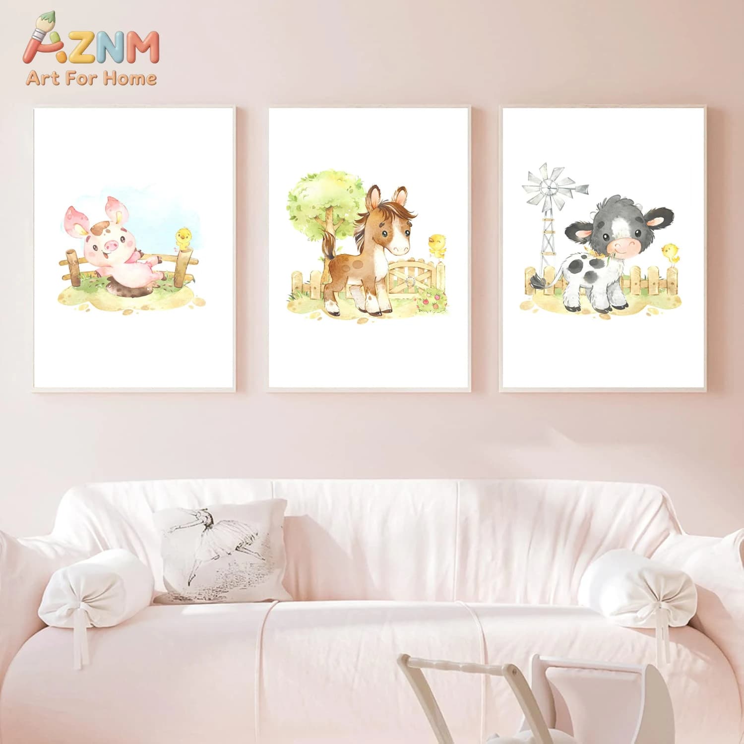 Set di 3 Stampe su Tela con Animali della Fattoria in Stile Acquerello, Simpatici Maiali, Cavalli e Mucche con Piccole Anatre, Poster Decorativi per Cameretta, Senza Cornice