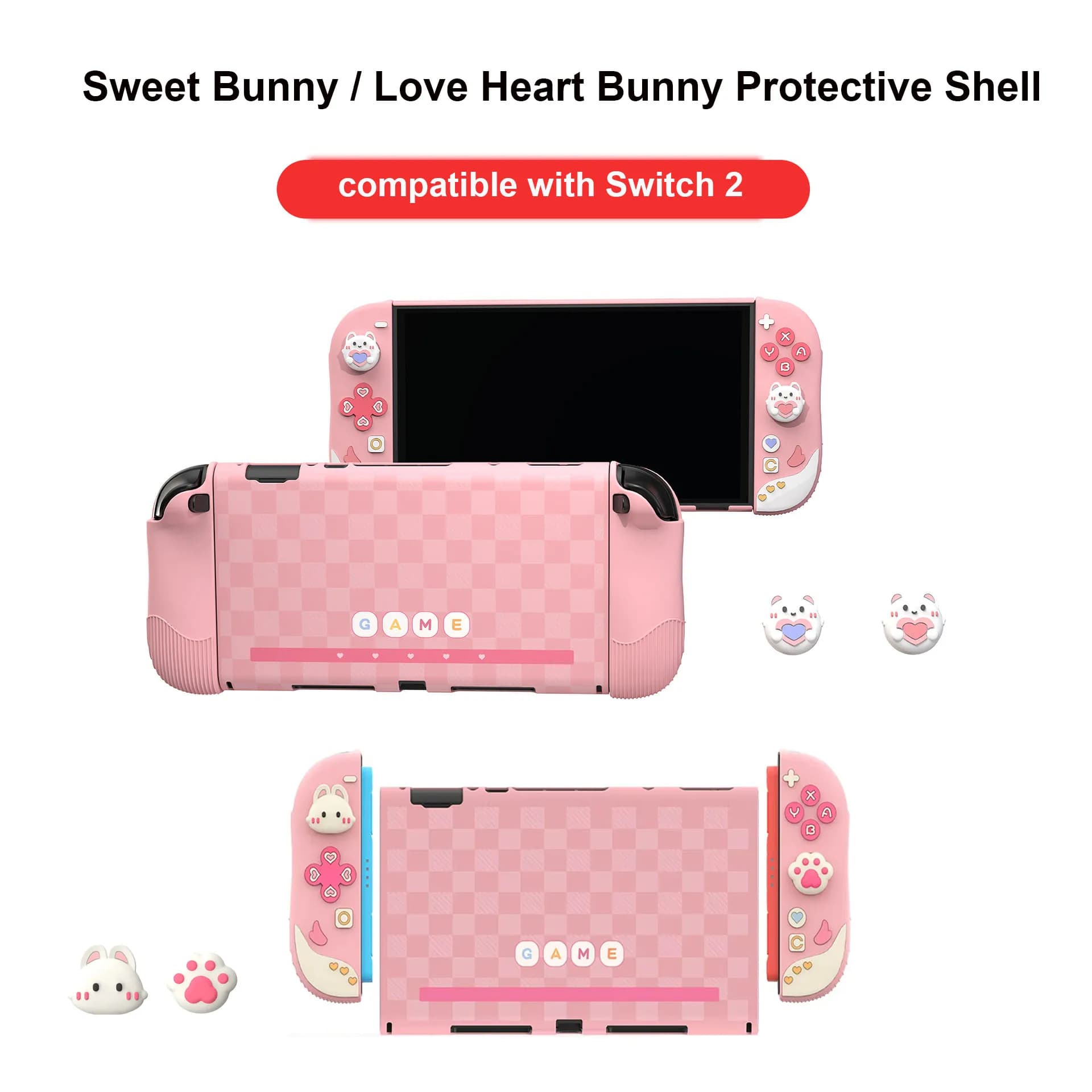 Guscio protettivo rosa compatibile con Switch 2 - Cover posteriore console ABS NS2 e custodia con maniglia Joy-con in silicone, Sweet Bunny