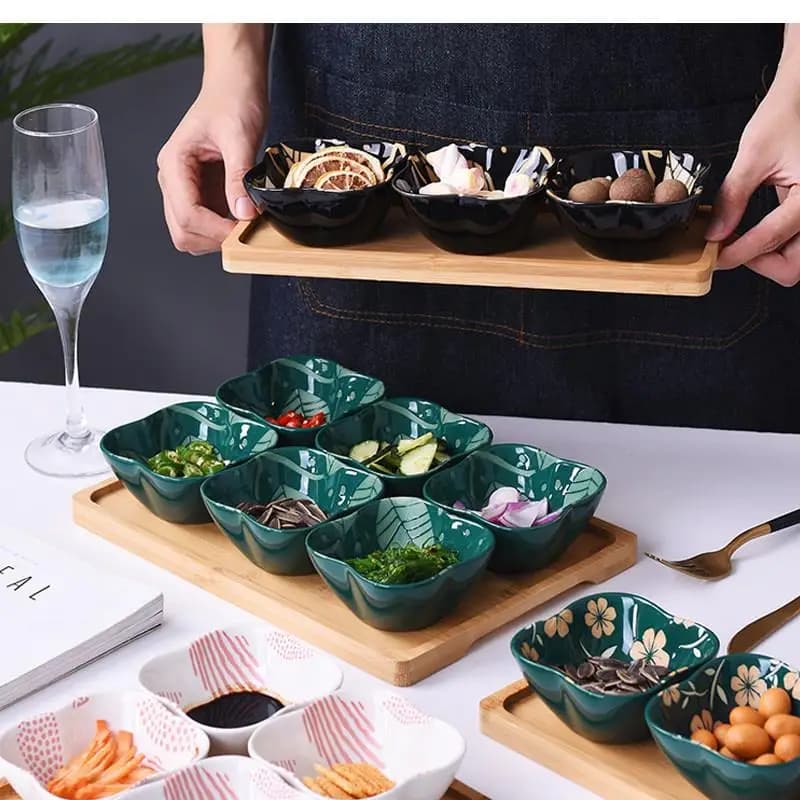 Piatto per snack in ceramica Base in legno Soggiorno Piatto di frutta Piatto di aceto Scatola di caramelle Pianta laterale Fiore essiccato