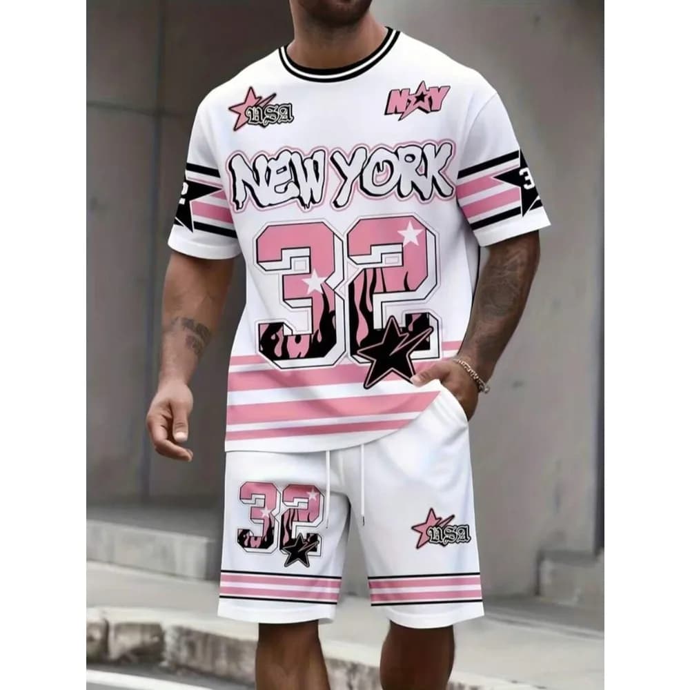 Men's Trendy Two-piece Set: T-shirt and Shorts, Featuring New York-inspired Design Patterns and 3D Printing Design