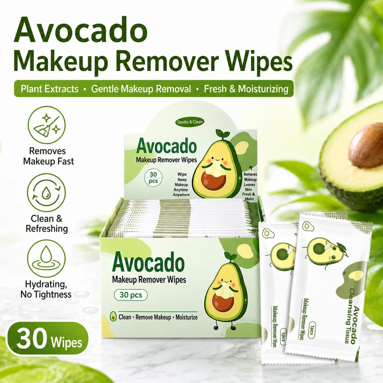 Individual Packed Avocado Makeup Remover Wipes Disposable Gentle Facial Cleansing Oil Free Wipes Portable Travel Home Essentials