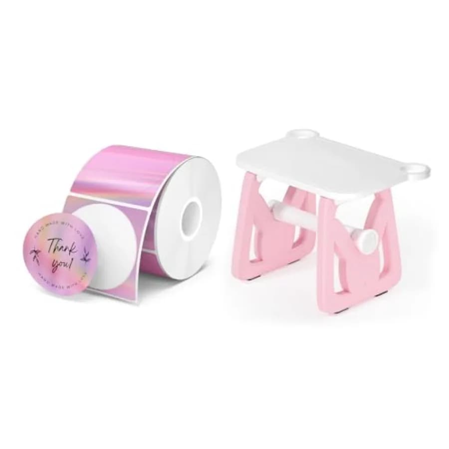 Etichette Termiche Olografiche Circolari da 2 Pollici Rosa + Portaetichette per Rotoli ed Etichette a Piegatura Continua