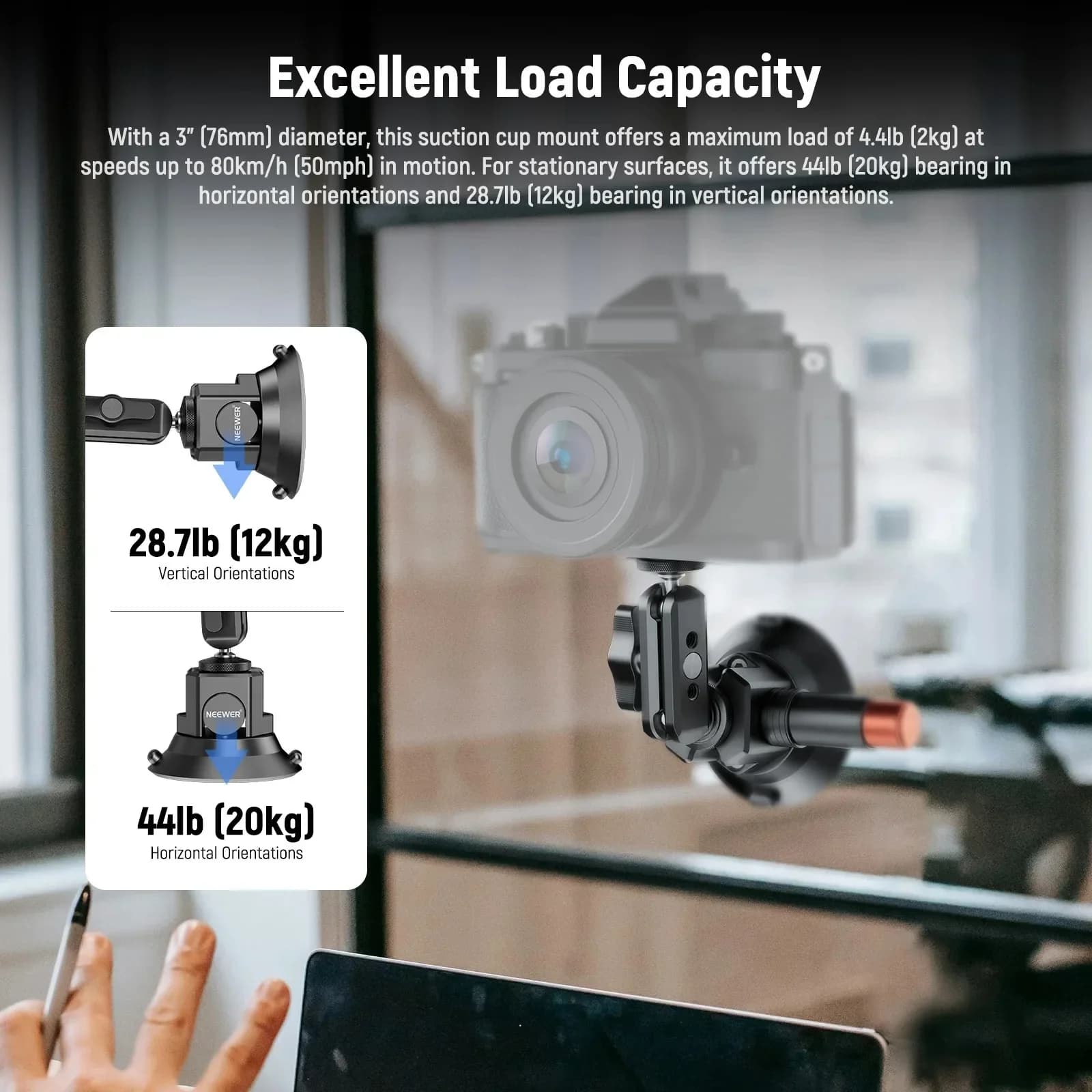 Supporto a ventosa per fotocamera con gimbal e testa a sfera, braccio magico per fotocamere, action cam, telefono, montaggio su parabrezza auto o cruscotto