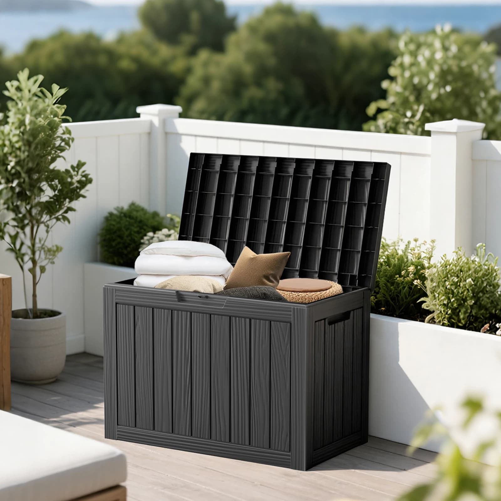 45 Gallon resin waterproof terrace box, outdoor garden furniture box, pillows, garden tools and pool supplies