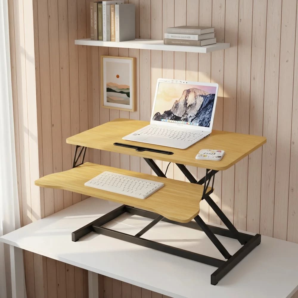32 inch adjustable Sit-Stand desk converter: double monitor/laptop, large keyboard tray, natural color