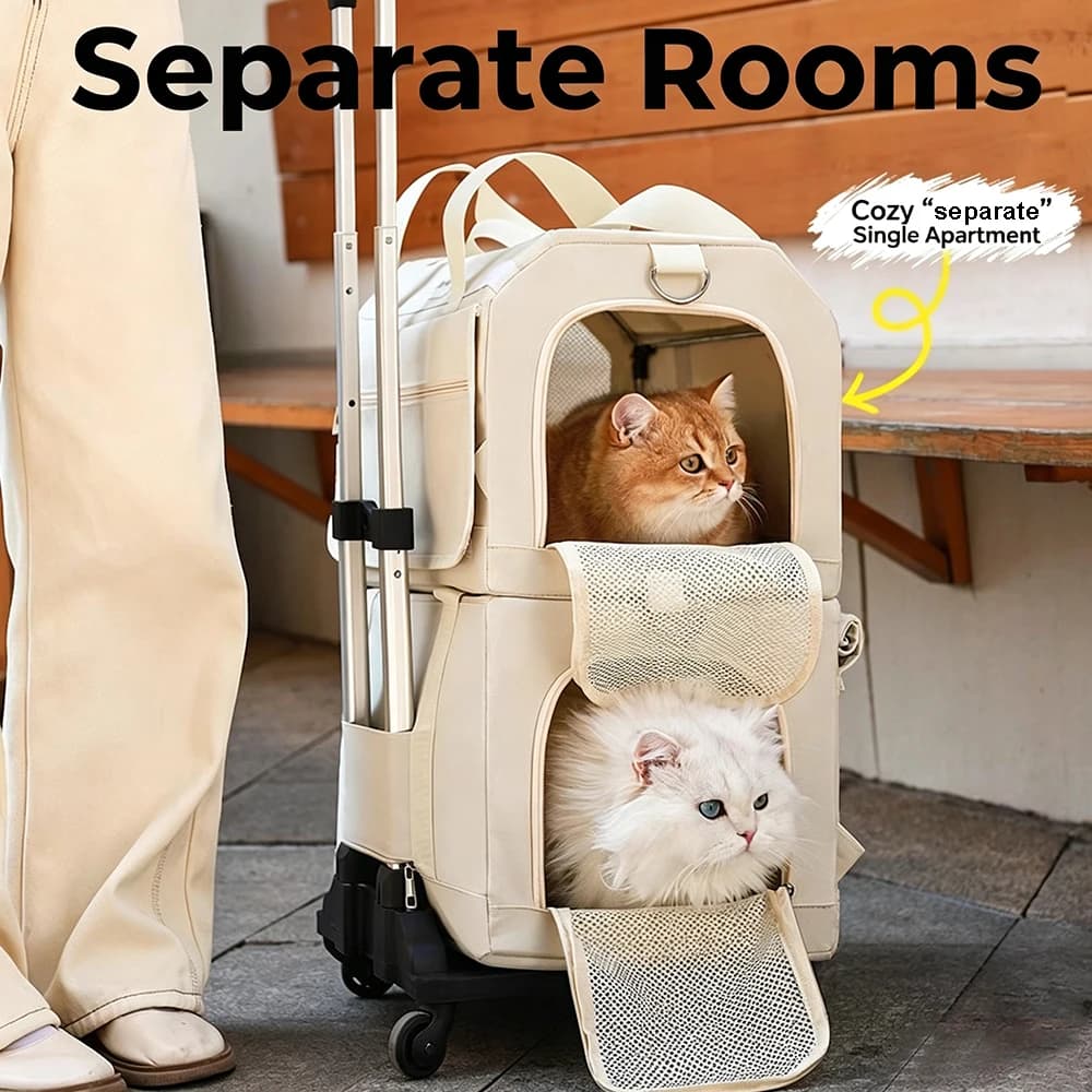 Portable Double Layer Pet Carrier with Wheels Breathable Outdoor Travel Cat Trolley Case for Two Cats Foldable Pet Trolley Bag