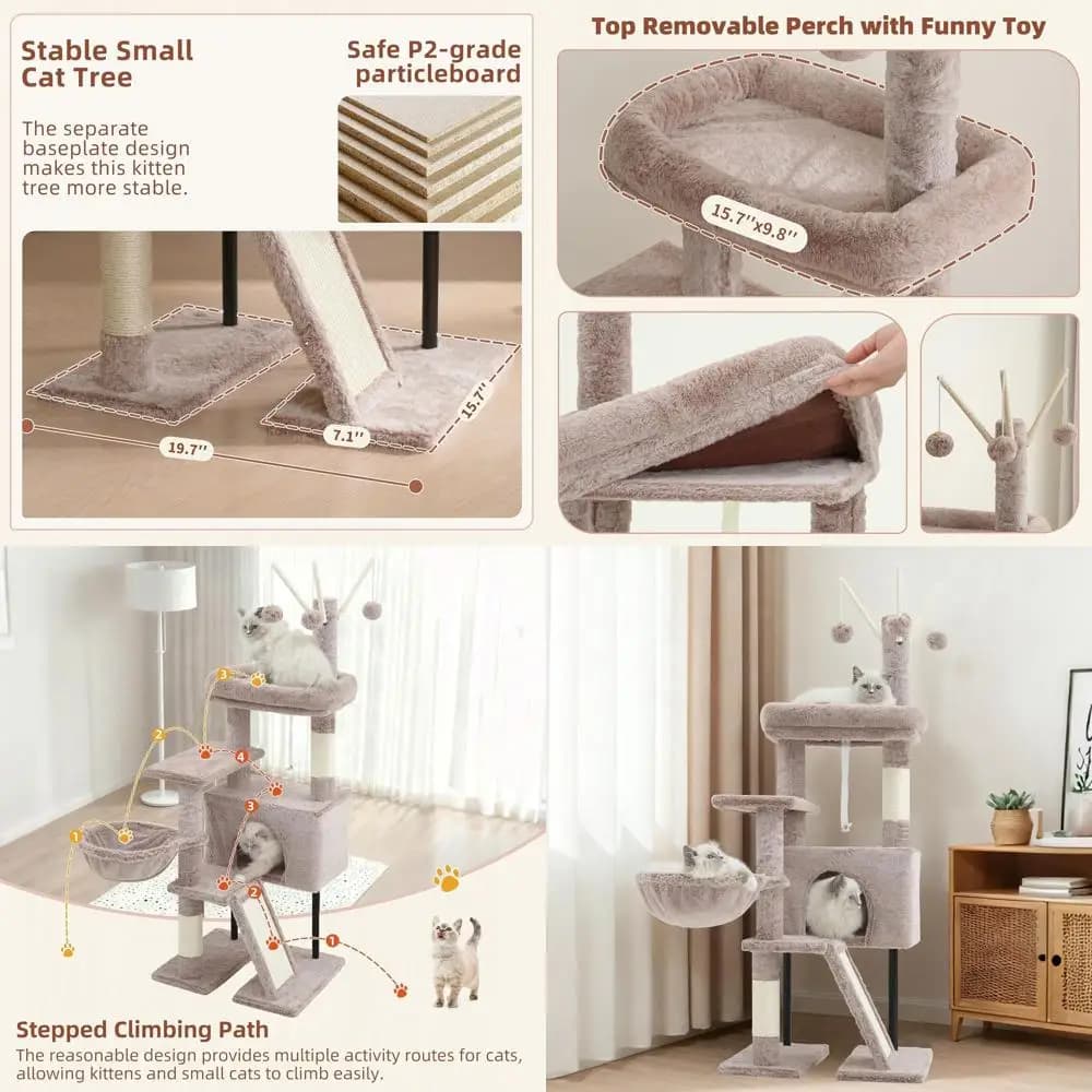 Albero per gatti da interno con tiragraffi, torre da gioco per gatti e gattini piccoli, casetta per gatti con piattaforma superiore rimovibile, cestino sospeso, P