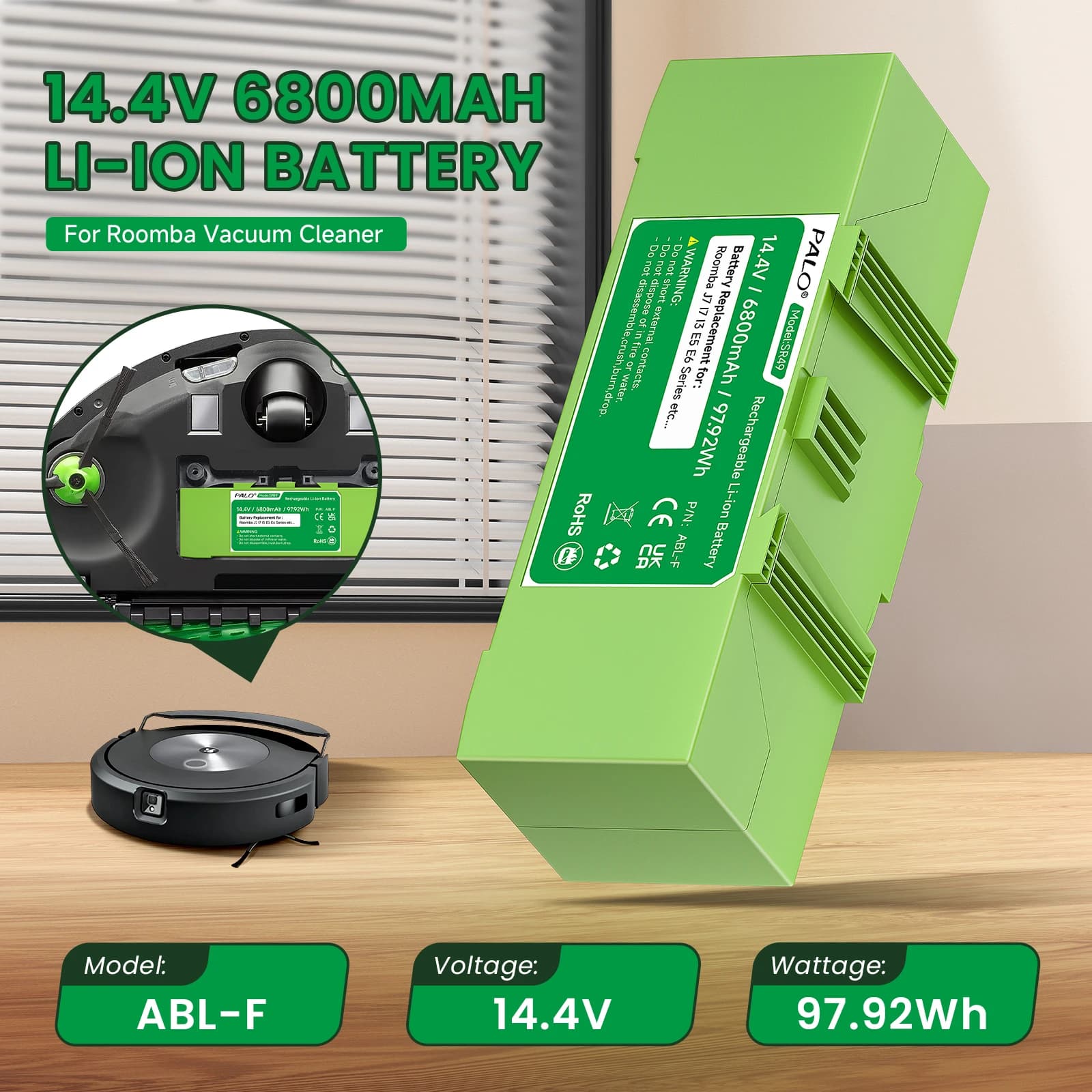 6800mAh 14.4V Lithium Ion Replacement Battery for IRobot Roomba J7 I7 I3 I4 E5 E6 I7 I8 Plus J7150 Series Vacuum Cleaner Battery