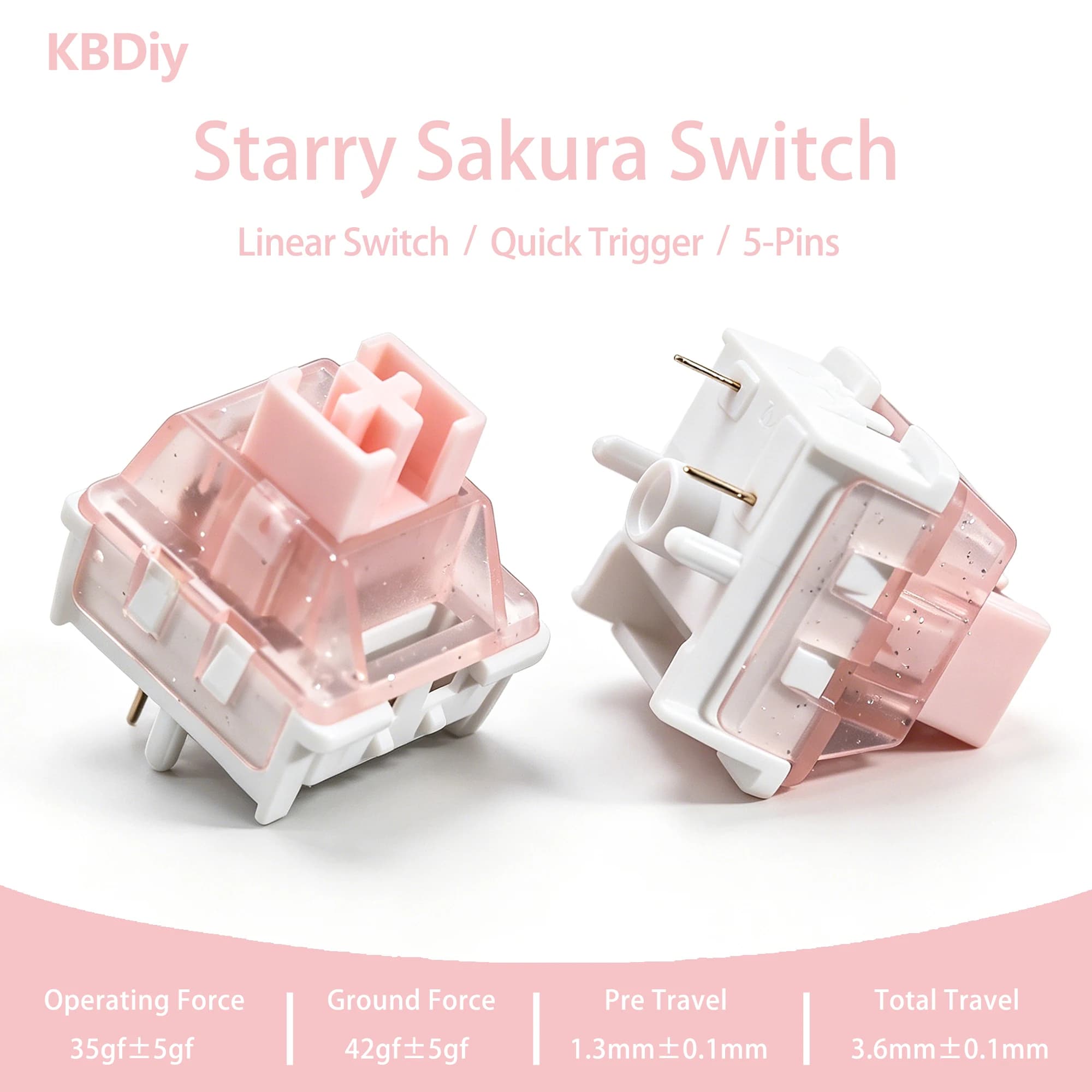 KBDiy Starry Sakura Switch 35gf 5-Pin Linear Creamy Switches Glitter Pink For Custom DIY 60% Gaming Mechanical Keyboard POM Stem