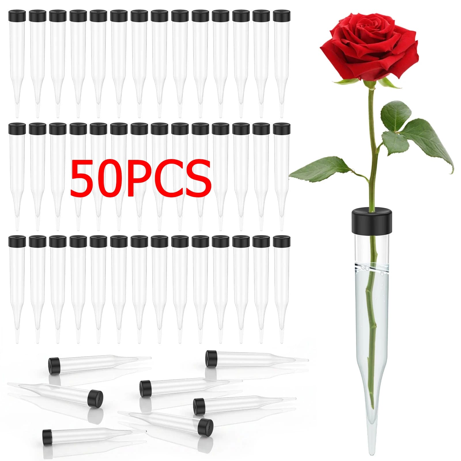 50Pcs Plastic Flower Water Tubes with Rubber Cap Reusable Transparent Floral Vials for Flower and Plant Preservation