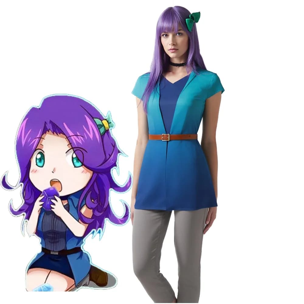 Abigail Cosplay sfumato blu scuro maglietta giacca cintura pantaloni grigi costume per Halloween Stardew Valley uniforme da donna