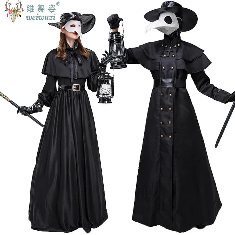 Carnevale Costume di Halloween Coppie Costume da dottore della peste Medioevo Infermiera di guerra Becco di uccello Tutina Costume cosplay Vestito operato