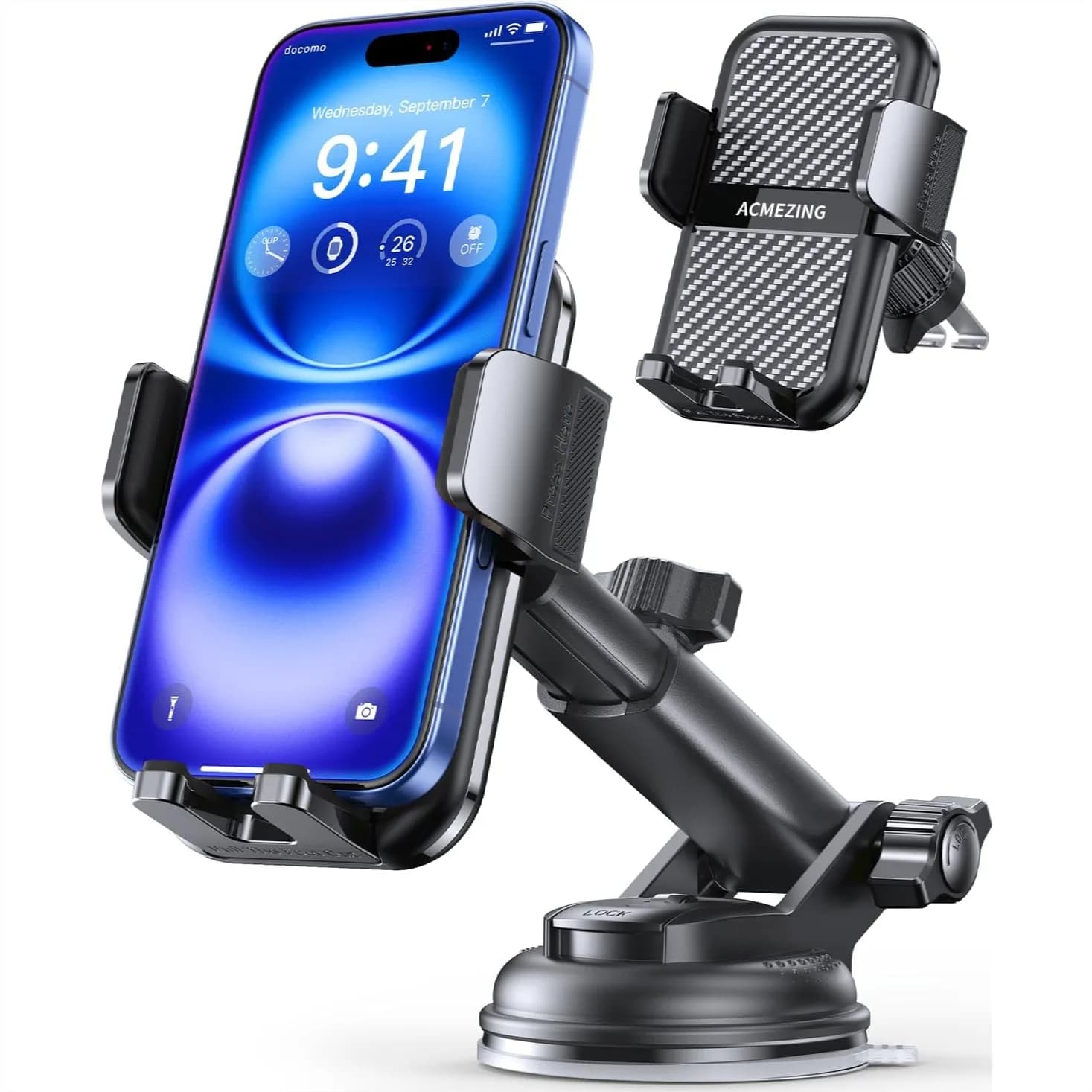 Supporto per Telefono Auto 3-in-1 con Ventosa da 122+ Libbre e Braccio a Morsetto Stabile a 360° ° Supporto regolabile per telefono da auto per bocchette di ventilazione sul cruscotto, adatto a tutti gli smartphone e ai modelli di auto