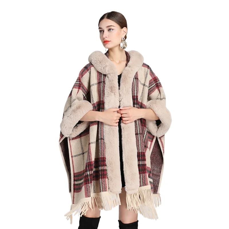 Europa America Imitazione Lontra Collo di pelliccia di coniglio Scialle con cappuccio Mantello Poncho allentato Mantelle a pendolo grande Mantello taglie forti Soprabito