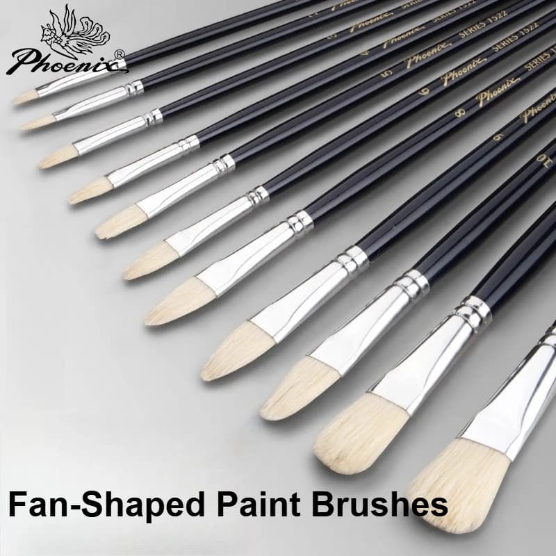 1/3/7/12pcs PHOENIX Art Supplies Hog Bristle/Nylon Oil Paintbrushes Fan-Shaped Watercolor Brushes Long-Handled for Art Students