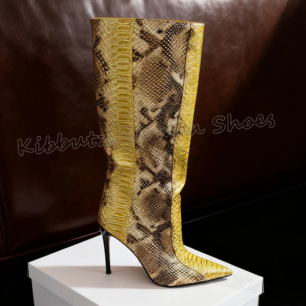 Knee High Boots Snake Print Spicy Girls Shoes Slip-On Pointy Thin High Heels Fashion Luxury Elegant Concise Leather Shoes Newest